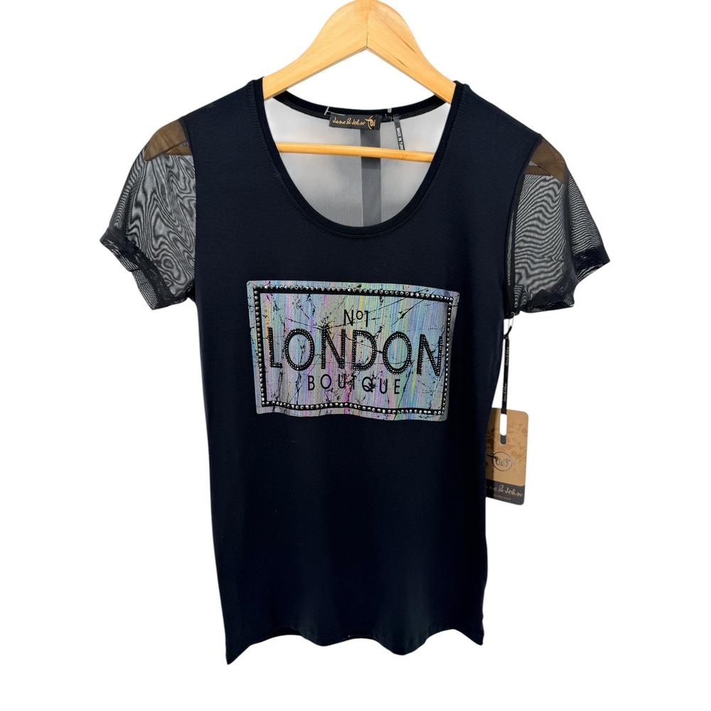 Jane & John London Boutique Black‎ Mesh Graphic Tee Holographic Rhinestone NWT